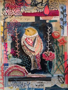 mixed media collage with flowers and plants on paper, including an image of a bird