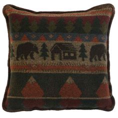 a decorative pillow with an elephant and trees design on the front in brown, green, blue, red and black colors