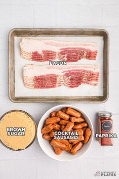 bacon, cocktail sauces, and other ingredients on a baking sheet with the words bacon written in english