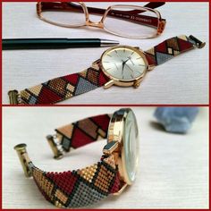 two pictures of glasses and a watch on a table with the same pattern as it appears to have been sewn