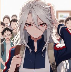 an anime character with white hair and red eyes in front of a group of people