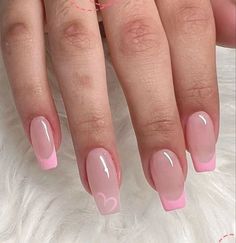 Nail Pink Acrylic, Pink Nail With French Tip, Cute Pink French Tips, Pink French With Heart, French Nails With Pink Base, Nail Inspo Pink French Tip, Pink French Gel Nails, Cute Simple Pink Nails, Rosa French Nails