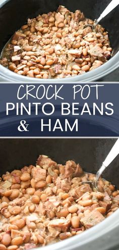 crock pot pinto beans and ham in a slow cooker with text overlay