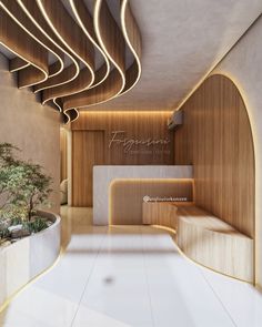 the interior of a modern office building with wood and white walls, planters and lighting