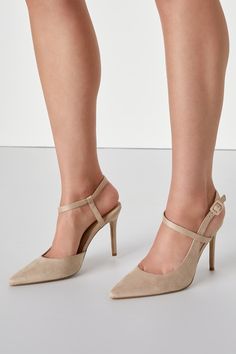 Excitement will be calling your name when you step out for the day in the Lulus Jenlove Light Nude Pointed-Toe Pumps! Soft faux suede shapes a pointed-toe upper and a partial d'Orsay silhouette which secures around the ankle with a unique, asymmetrical strap that begins at the vamp, and finishes with a covered buckle. Classic stiletto heel. 4" stiletto heel. Cushioned insole. Felted rubber sole has nonskid markings. Man Made Materials. Imported. Lulus | Jenlove Light Nude Pointed-Toe Pumps | Siz Suede Heels With Ankle Strap, Fitted Suede Heels With Ankle Strap, Fitted Suede Ankle Strap Heels, Suede Ankle Strap Heels For Work, Fitted Suede Heels With Heel Strap, Pointed Toe Suede Heels With Heel Strap, Suede Pointed Toe Heels With Buckle, Elegant Shoes, Slingback Pump