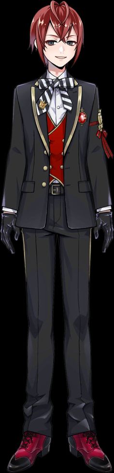 an anime character in a suit and tie with red hair, standing on a black background