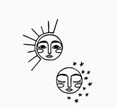 two sun and moon faces with stars in the sky above them, one is black and white