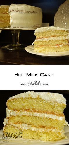 two pictures show different layers of cake on plates, one with white frosting and the other yellow