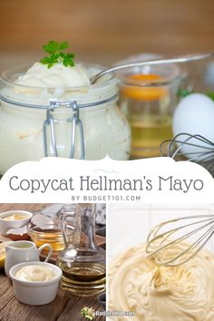 a collage of photos with food and ingredients in the background, including mayonnaise