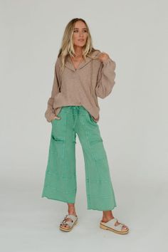 Lucky One Wide Leg Pant - Green | Three Bird Nest Relaxed Bottoms With Drawstring For Fall, Relaxed Drawstring Bottoms For Fall, Comfy Wide Leg Bottoms For Fall, Fall Wide Leg Pants With Drawstring And Relaxed Fit, Casual Wide Leg Pants For Fall Loungewear, Versatile Wide Leg Sweatpants For Fall, Cozy Spring Bottoms With Drawstring, Cotton Wide Leg Pants With Drawstring For Fall, Comfy Wide Leg Sweatpants For Spring