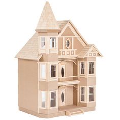 a wooden doll house is shown on a white background