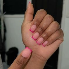 @CAestheticsx #pink #frenchnails Pink On Pink Short French Tip, All Pink French Nails, Pink Nails With Simple Design, Pink French Tip Short, Pink Nails Short Square, Cute Overlay Nails, Short Pink French Tip Nails, Colored French Manicure, Pink And White French Tip