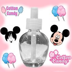 the bottle is filled with liquid and has mickey mouse heads on it's side