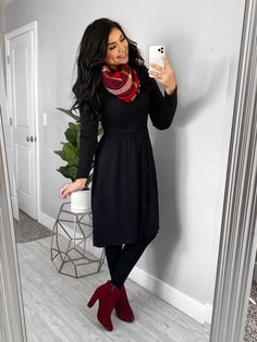 Shoes For Midi Dress Winter, Black Dress With Boots Winter, Scarf With Black Dress, Black Winter Dress Outfit, Dresses In Winter How To Wear, Skirt Outfit Winter Tights, Midi Dress With Boots Winter, Boots And Dress Outfit Winter, Church Outfits For Winter