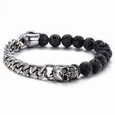 PRICES MAY VARY. Metal: Stainless Steel；Material: Synthetic Vocalnic Lava Stone Dimension: Length Stretchable 18-24CM(7.08-0.44"); Chain Width:1.1CM(0.43") Weight: 30g Package: Jewelry Box Men Women Gift Jewelry；Gothic Punk Rock *Condition: 100% new *Code: BYDMB-47 *Metal: Stainless Steel *Material: Synthetic Vocalnic Lava Stone *Bead size:8MM(0.31"); *Finishing: Polished and Blackened *Dimension: Length Stretchable 18-24CM(7.08-0.44"); Chain Width:1.1CM(0.43"); *Weight: 30g *Package: Jewelry Bo Lava Stone Bracelet, Diy Jewlery, Skull Bracelet, Men's Bracelet, Aesthetic Pics, Beaded Skull, Mens Beaded Bracelets, Hip Hop Jewelry, Elastic Bracelet