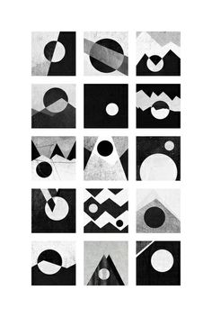 black and white geometric shapes are arranged in squares