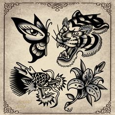 some black and white tattoos on a piece of paper with an ornate border around it