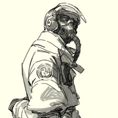 a black and white drawing of a man wearing a gas mask