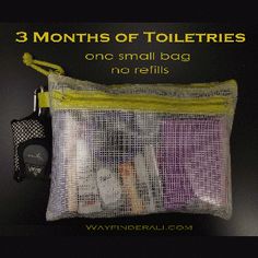 there is a small mesh bag with cell phones in it and the words 3 months of toiletries