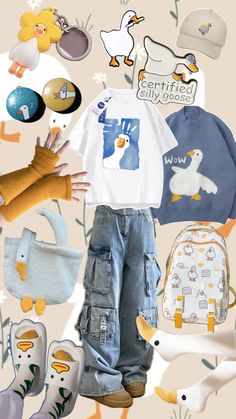 Goofy Outfit Ideas, Jumino Core Clothes, Food Inspired Outfits, Wholesome Outfits, Juminocore Clothes, Aquarium Outfit Ideas, Duck Accessories, Duck Outfit, Clothes Collage