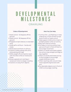 an info sheet with the words developmental milestones in blue and green colors on it