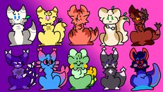 a group of cartoon cats sitting next to each other on top of a purple background