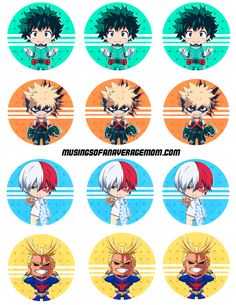 some anime character stickers with different hair colors and designs on them, all in various styles