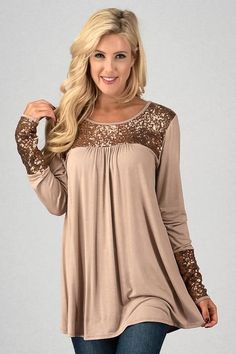 - Taupe Long Sleeve Top - Metallic Sequin Details - No lining - Taupe - Knit stretchy self - Slightly sheer sequin details - Gold metallic sequin top and cuffs - Self: 95% Rayon, 5% Spandex - Color: Taupe Sizes: Small - 2-4 Medium - 4-8 Large - 8-10 Model is 5'9" and is wearing a Small Long Sleeve Womens Tops, Sequin Jersey, Tops 2022, Sequin Tunic, Shop For Clothes, Flowy Tunic, Clothes Organization Diy, Cuffed Top, Fall Tops