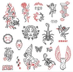 various tattoo designs on white paper with red ink