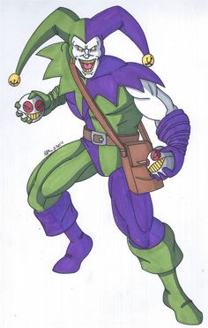 an image of a drawing of a joker in purple and green costume holding a bag