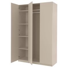 an open cabinet with shelves and doors on the front, in beige painted woodgrain