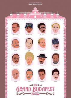 the grand budapest hotel poster is shown in pink and white, with many different faces