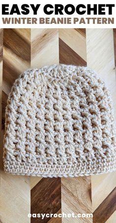 an easy crochet beanie pattern with text overlay that says easy crochet winter beanie pattern