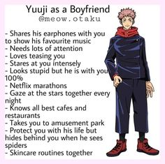 an anime character is standing with his hands on his hips and the words yuu as a boyfriend