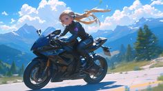 a woman riding on the back of a blue motorcycle down a road next to mountains