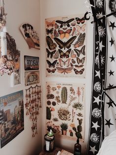 a room with many pictures on the wall and decorations above it, along with other items