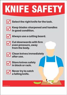 a poster with instructions on how to use the knife safety rules for kitchen work areas