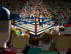 an animated image of a man standing in front of a boxing ring surrounded by people