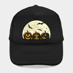 Three pumpkins are waiting for someone to treat or trick them. Be sure you have something to give. -- Choose from our vast selection of Trucker hats to match with your favorite design to make the perfect custom graphic Hat. Customize your color! For men and women. Waiting For Someone, Halloween Hats, Halloween Town, Hat Designs, Trucker Hat, Halloween, Hats, Black, Color