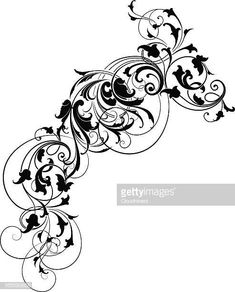 an ornate black and white design with swirls, vines and leaves on a white background