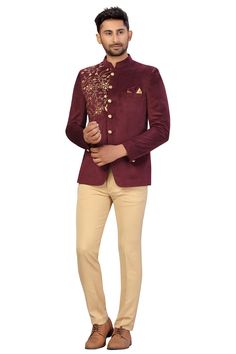 Product Features: Top Color: Wine Bottom Color: Beige Work: Embroidery Top Fabric: Sweat Velvet Bottom Fabric: Teri Cort Pack Of: 1 Jodhpuri and 1 Pant Occasion: Partywear Disclaimer: There will be slight difference in digital to actual image Reception Sherwani With Floral Embroidery, Long Sleeve Bandhgala With Floral Embroidery For Parties, Formal Fitted Fabric With Floral Embroidery, Party Long Sleeve Bandhgala With Floral Embroidery, Winter Embroidered Fitted Kurta, Embroidered Unstitched Suit For Reception And Festive Occasions, Festive Semi-stitched Sherwani With Floral Embroidery, Diwali Floral Embroidered Sherwani For Reception, Diwali Reception Sherwani With Floral Embroidery