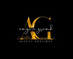 the logo for mgm grand beauty boutique, which is gold and black with glitter on it