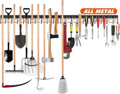 an assortment of garden tools hanging on a wall with the words all metal above them