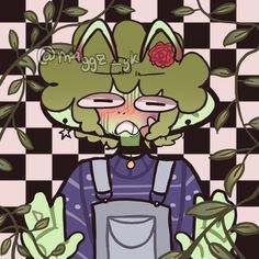 a drawing of a person with flowers on their head in front of a checkered background