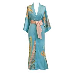 Peacock Feather Kimono Robe Bohemian Belted Kimono With Kimono Sleeves, Bohemian Belted Kimono, Silk Wrap Robe With Tie Waist, Spring Silk Kimono With Belt, Spring Silk Belted Kimono, Beach Kimono With Belted Kimono Sleeves, Beach Kimono With Belt, Belted Kimono With Kimono Sleeves For Vacation, Summer Silk Kimono With Tie Waist