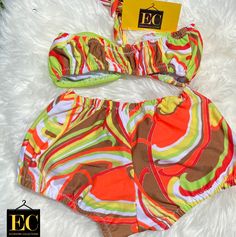 Printed Two Piece Boy Shorts Swimsuit Set - Eccentrik Collections, LLC One-piece Beach Set For Summer, Trendy Stretch Swim Shorts, Trendy Stretch Short Swimwear, Trendy Short Swimwear, Green Beach Sets In Short Shape, Stretch Short Sets For Vacation, Stretch Vacation Sets With Shorts, Summer One-piece Beachwear Sets, Summer Beachwear One-piece Sets