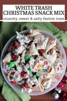 If you like sweet and salty snacks, this is for you. White trash christmas mix includes white chocolate candy coating, bugles, pretzels, candies and more in a festive and fun package. It is perfect for snacking, gifting, or move a Christmas movie marathon. Chex Mix Recipes Christmas, Party Mix Recipe, Chex Party Mix, Holiday Desserts Christmas, Christmas Candies, Snack Mixes, Muddy Buddies