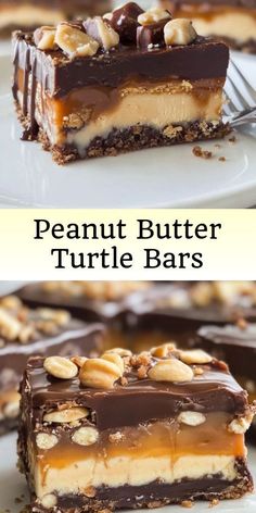 peanut butter turtle bars with chocolate and nuts on top