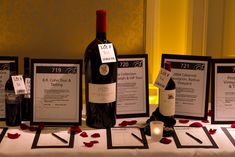 three bottles of wine are sitting on a table with rose petals around them and two candles