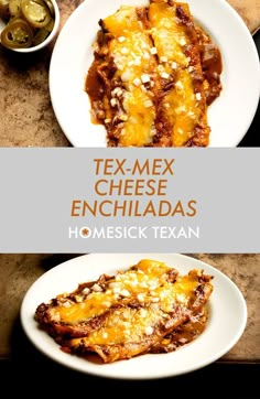 tex - mex cheese enchiladas are served on white plates